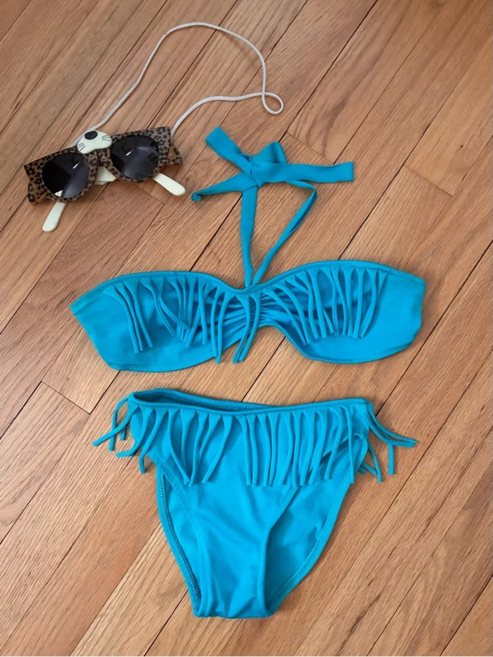 Vintage Toddler Fringed Bikini, Turquoise + Folding Kitty Sunglasses Set, 4T